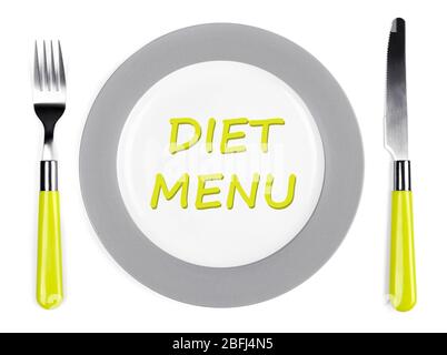 Plate with text "Diet Menu", fork and knife isolated on white Stock Photo