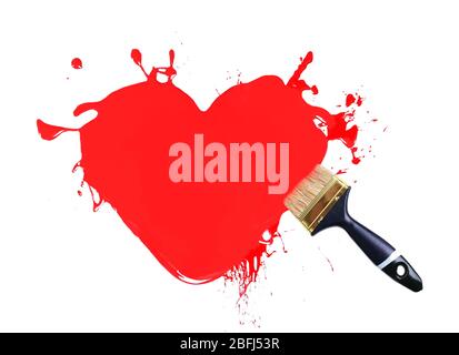 Heart made of red paint splashes and paintbrush isolated on white Stock Photo