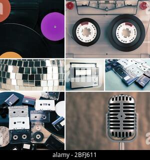 Vinyl records, audio cassettes, microphone and radio set in collage Stock Photo