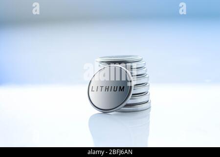 Miniature battery button cell. with chemical data. Stock Photo