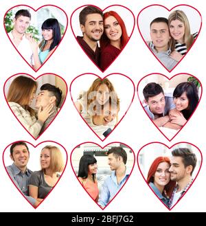 Collage of happy young couples with heart shaped balloons on white ...
