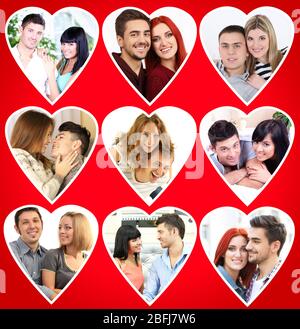 Collage of happy young couples with heart shaped balloons on white ...