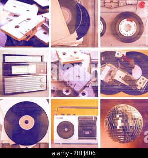 Vinyl records, audio cassettes, microphone, tape recorder and radio set in collage Stock Photo
