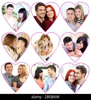 Collage of happy young couples with heart shaped balloons on white ...