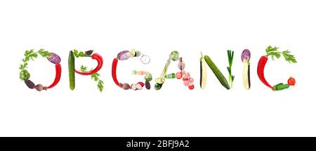 Word Organic made of vegetables isolated on white