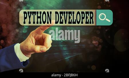Text sign showing Python Developer. Business photo showcasing responsible for writing serverside web application logic Stock Photo