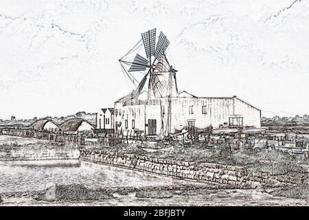 The salt works of Trapani Sicily - Saltwork With Windmill And Salt Museum The Salina Infersa Located In Murana Near Marsala Murana Trapani Sicily Italy Europe 2bfjbty