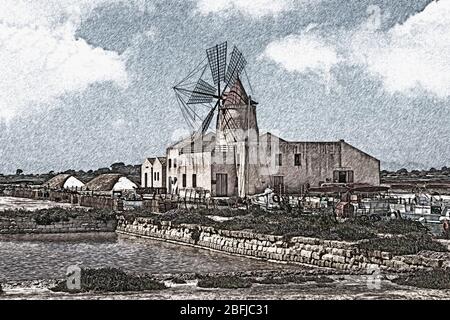The salt works of Trapani Sicily - Saltwork With Windmill And Salt Museum The Salina Infersa Located In Murana Near Marsala Murana Trapani Sicily Italy Europe 2bfjc31