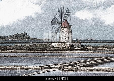 The salt works of Trapani Sicily - Salt Evaporation Pond And A Windmill The Salina Infersa Located In Murana Near Marsala Murana Trapani Sicily Italy Europe 2bfjc33