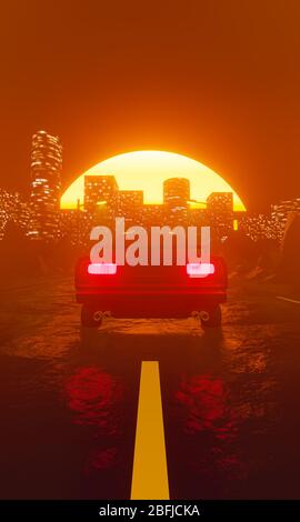 Car traveling in gorgeous sunset landscape through a big city. 3D render. Vertical view Stock Photo