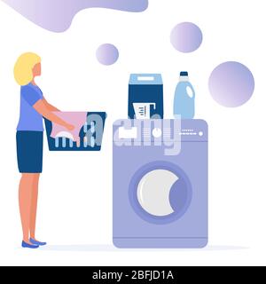 Vector illustration Woman carries wash dirty clothes Washing machine ...