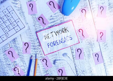 Handwriting text Network Forensics. Conceptual photo monitoring and analysis of computer network traffic Writing tools, computer stuff and math book s Stock Photo