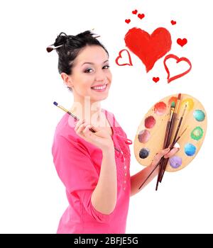Beautiful young woman as painter and red hearts isolated on white Stock Photo