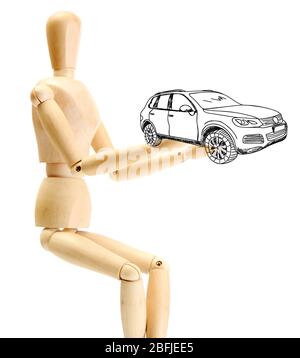 Wooden mannequin with car sketch project isolated on white Stock Photo