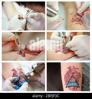 Collage of tattoo artist at work Stock Photo
