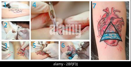 Collage of tattoo artist at work Stock Photo