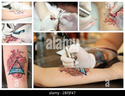 Collage of tattoo artist at work Stock Photo