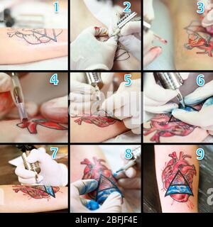Collage of tattoo artist at work Stock Photo