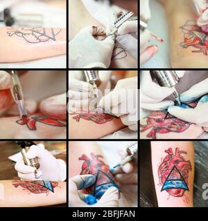 Collage of tattoo artist at work Stock Photo