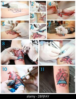 Collage of tattoo artist at work Stock Photo