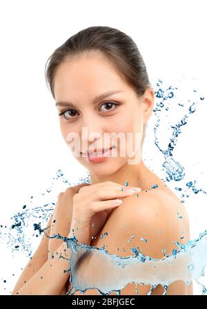 Beautiful young woman with water splashes isolated on white Stock Photo