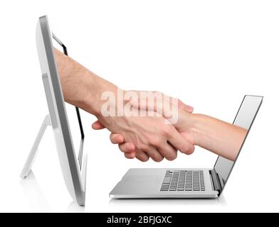 Virtual handshake.  Internet business concept isolated on white Stock Photo