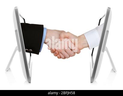 Virtual handshake.  Internet business concept isolated on white Stock Photo