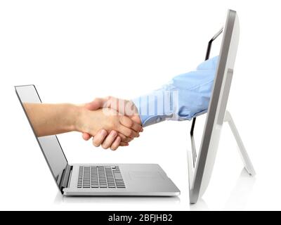 Virtual handshake.  Internet business concept isolated on white Stock Photo