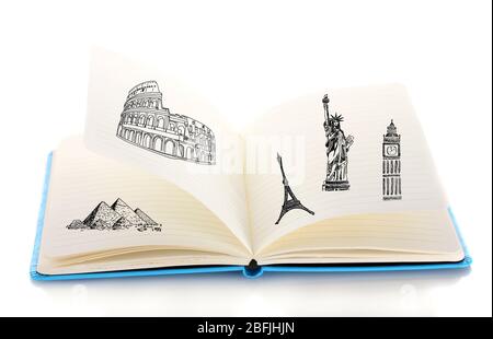Open book with drawings isolated on white Stock Photo - Alamy