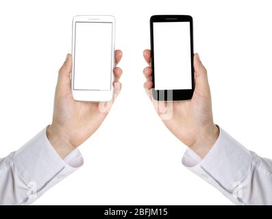 Hands holding mobile smart phones, isolated on white Stock Photo