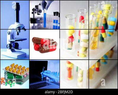 Collage of scientific elements in laboratory Stock Photo