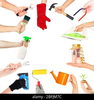 Hands with different objects isolated on white Stock Photo