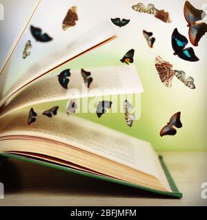 Open book on wooden table and butterflies on natural background Stock Photo