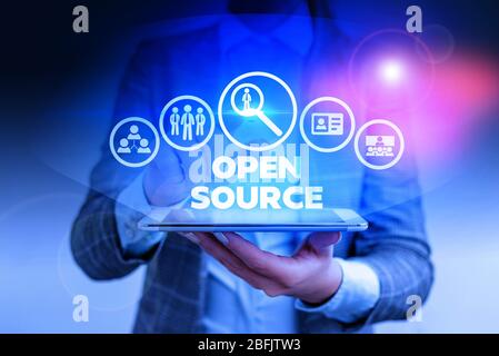 Word writing text Open Source. Business photo showcasing denoting software which original source code is made free Stock Photo