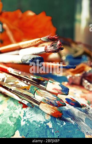 Beautiful still life with professional art materials, close up Stock Photo