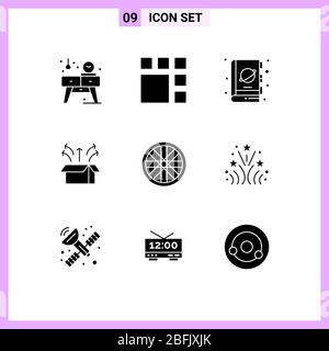 Modern Set of 9 Solid Glyphs Pictograph of product, launch, book, box, space Editable Vector Design Elements Stock Vector