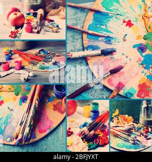 Collage of photos with professional artist's supplies Stock Photo - Alamy