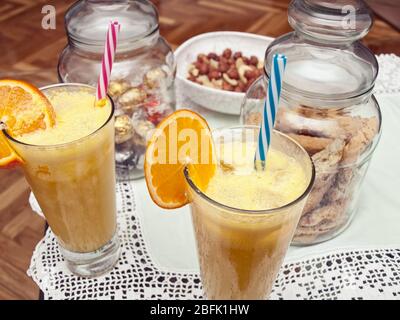 Homemade version of Pina Colada cocktails on the table. Stock Photo