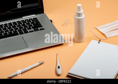 Things necessary for Online work and education in conditions of quarantine. Concept of the fight against coronavirus, covid-19. Social isolating. Stock Photo