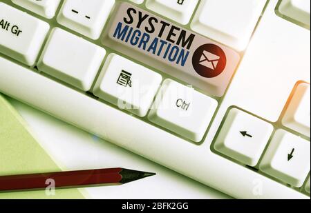 Writing note showing System Migration. Business concept for moving from the use of one operating environment to another Stock Photo