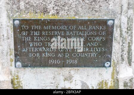 Plaque on the Kings Royal Rifles Corps Stone, Wimbledon Common, London, England, UK Stock Photo
