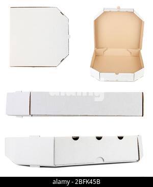 Collage of cardboard pizza boxes, isolated on white Stock Photo