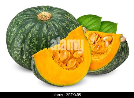 Green pumpskin and slice with leaf isolated on white, pumpkin clipping path Stock Photo