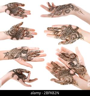 Collage with hands painted with henna, isolated on white Stock Photo