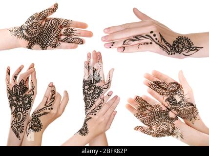 Collage with hands painted with henna, isolated on white Stock Photo