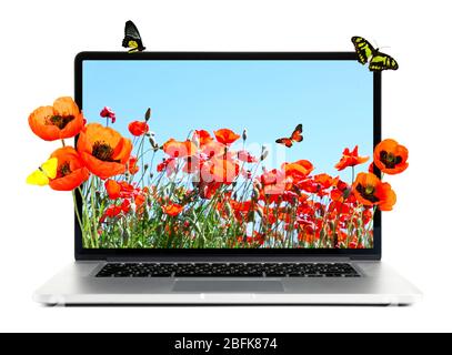 Laptop with nature wallpaper on screen isolated on white Stock Photo