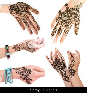 Collage with hands painted with henna, isolated on white Stock Photo