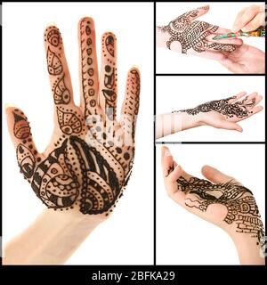 Collage with hands painted with henna, isolated on white Stock Photo