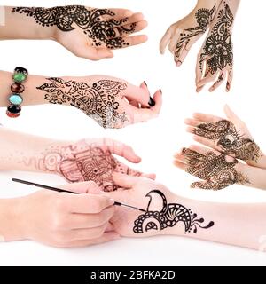 Collage with hands painted with henna, isolated on white Stock Photo