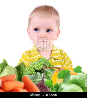 Cute baby and vegetable mix isolated on white Stock Photo